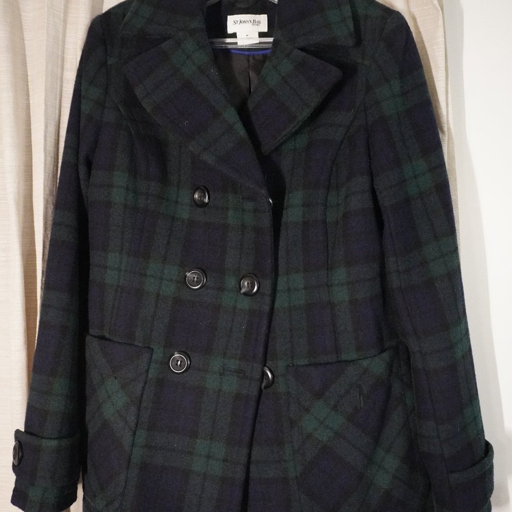 Women's St. Johns Bay Peacoat. Green and black. Medium.